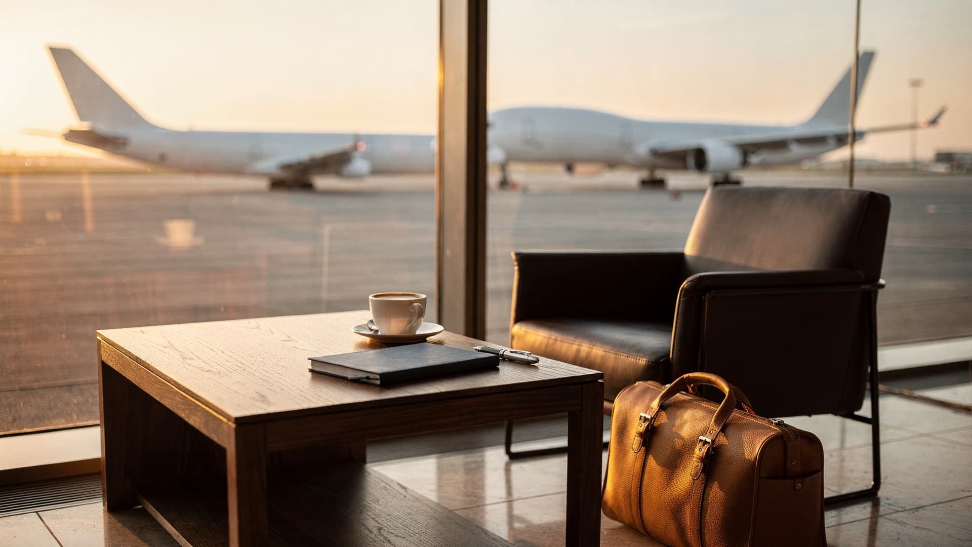 A navy notebook, a pen and a cup of coffee on a wooden table beside a leather armchair and a tan travel bag in an airport lounge, with plain white aircraft waiting on the runway at sunrise