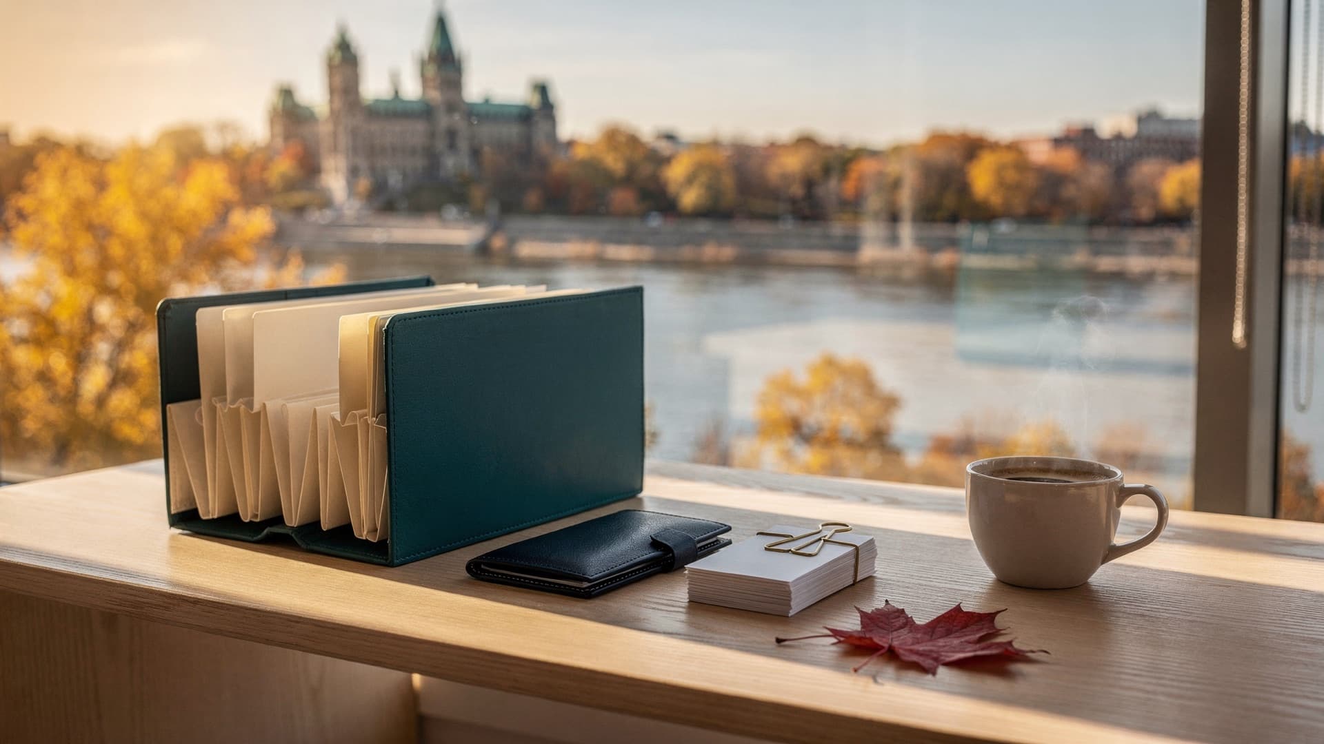 A teal document organiser with blank cream folders, a navy leather travel wallet, blank cards with a brass clip, a cup of coffee and a red maple leaf on an oak desk overlooking the Ottawa River and Parliament Hill in autumn