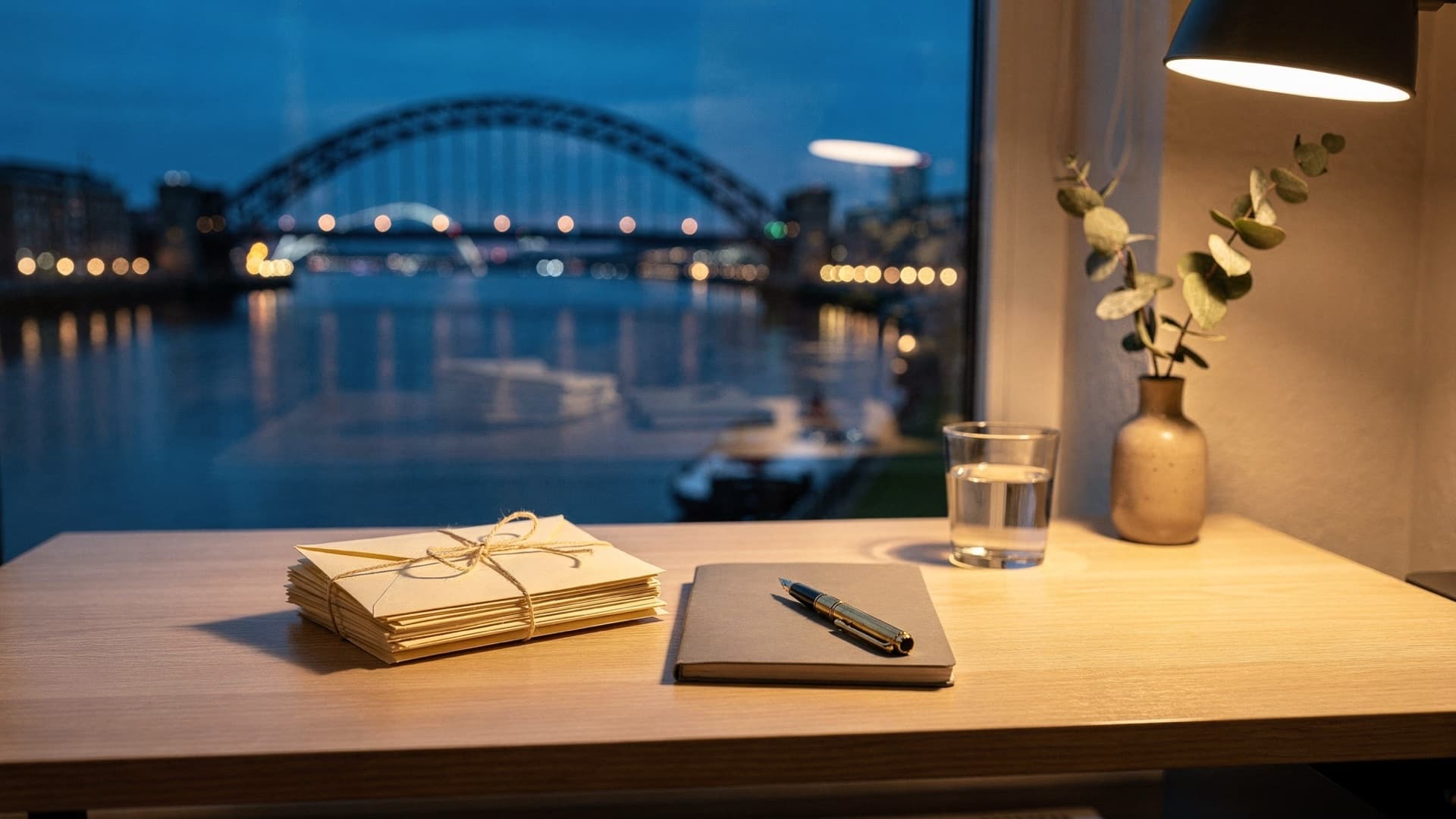 A tidy desk at blue hour by a window overlooking the River Tyne and the Tyne Bridge in Newcastle, with a twine-tied bundle of plain envelopes, a grey notebook, a fountain pen, a glass of water and a sprig of eucalyptus under a warm lamp
