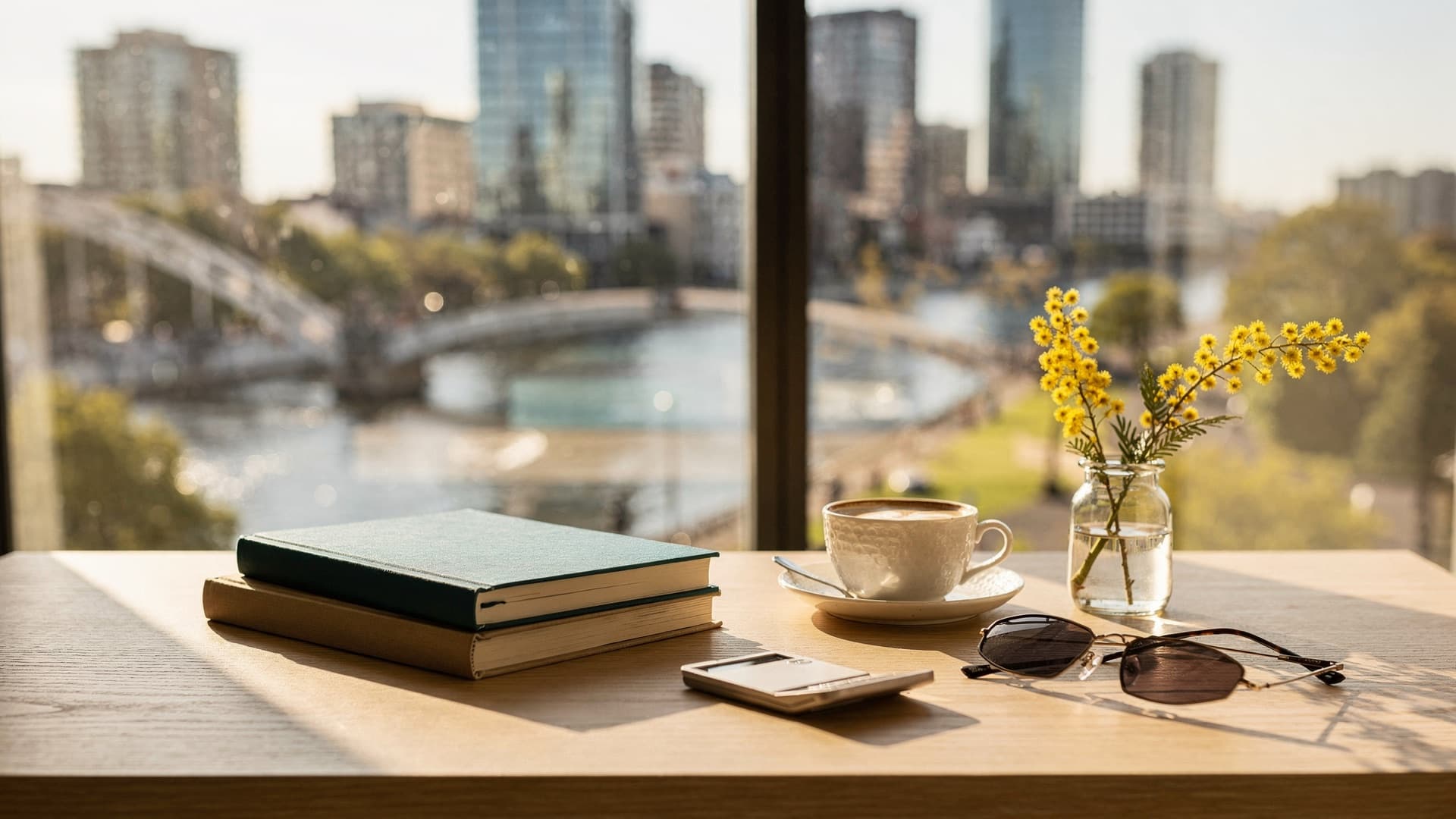 Notebooks, a cup of coffee, sunglasses, a calculator and a sprig of yellow wattle in a glass on an oak desk by a window overlooking the Melbourne skyline, the Yarra River and a footbridge