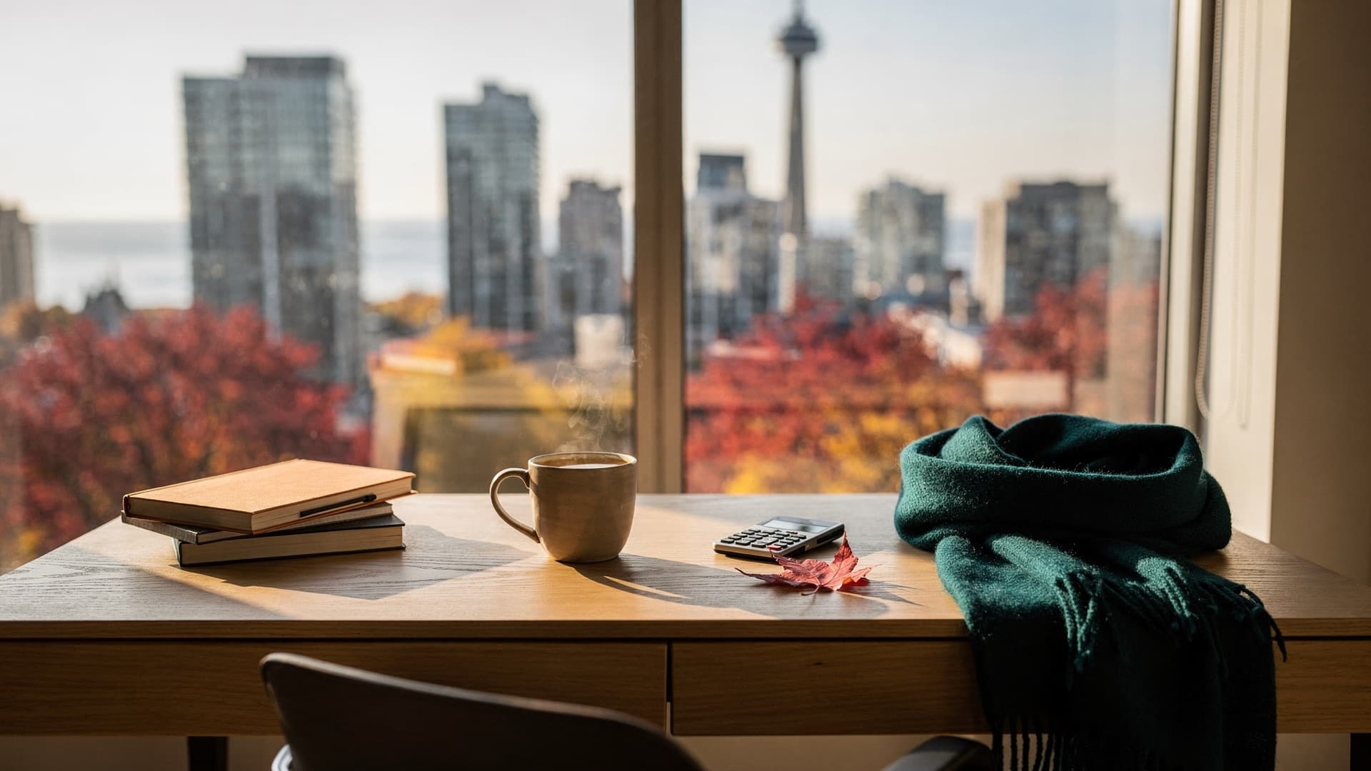 A wooden desk with notebooks, a steaming mug, a calculator, a red maple leaf and a teal wool scarf by a window overlooking the Toronto skyline and autumn maples