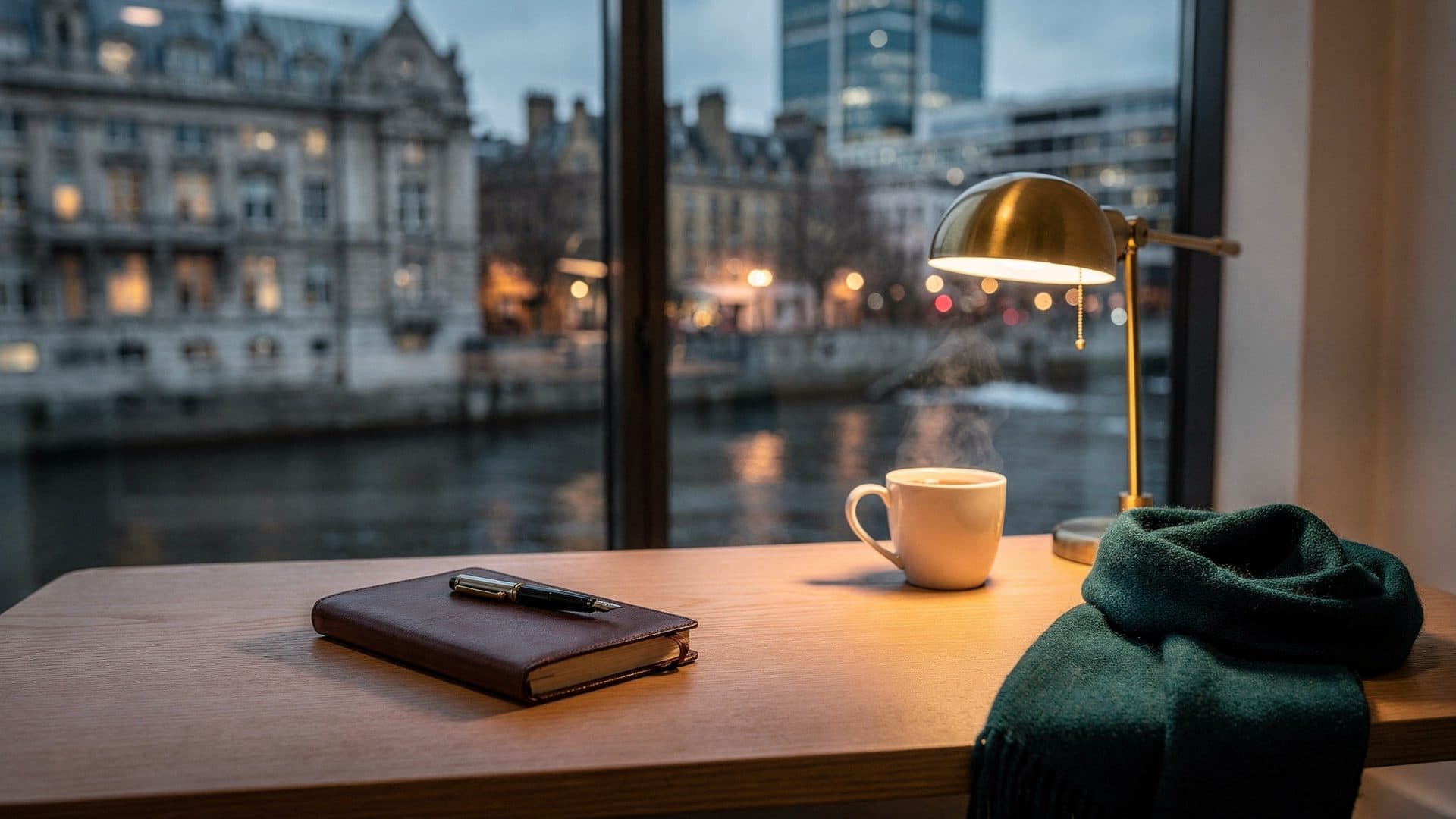 A student flat by a British riverside at blue hour, with a leather notebook and fountain pen, a mug of tea, a brass lamp and a teal wool scarf on an oak desk, stone buildings and towers beyond