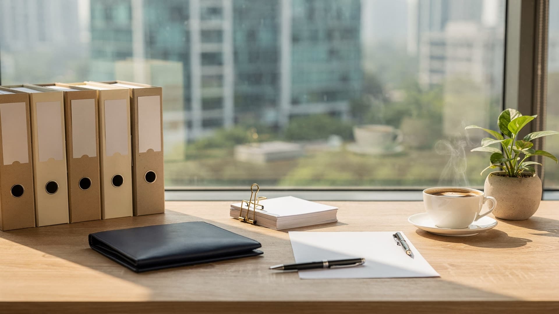A row of plain kraft box files, a clipped stack of blank papers, a navy leather document wallet, two pens and a cup of coffee on an oak desk by a window overlooking Bengaluru towers and trees