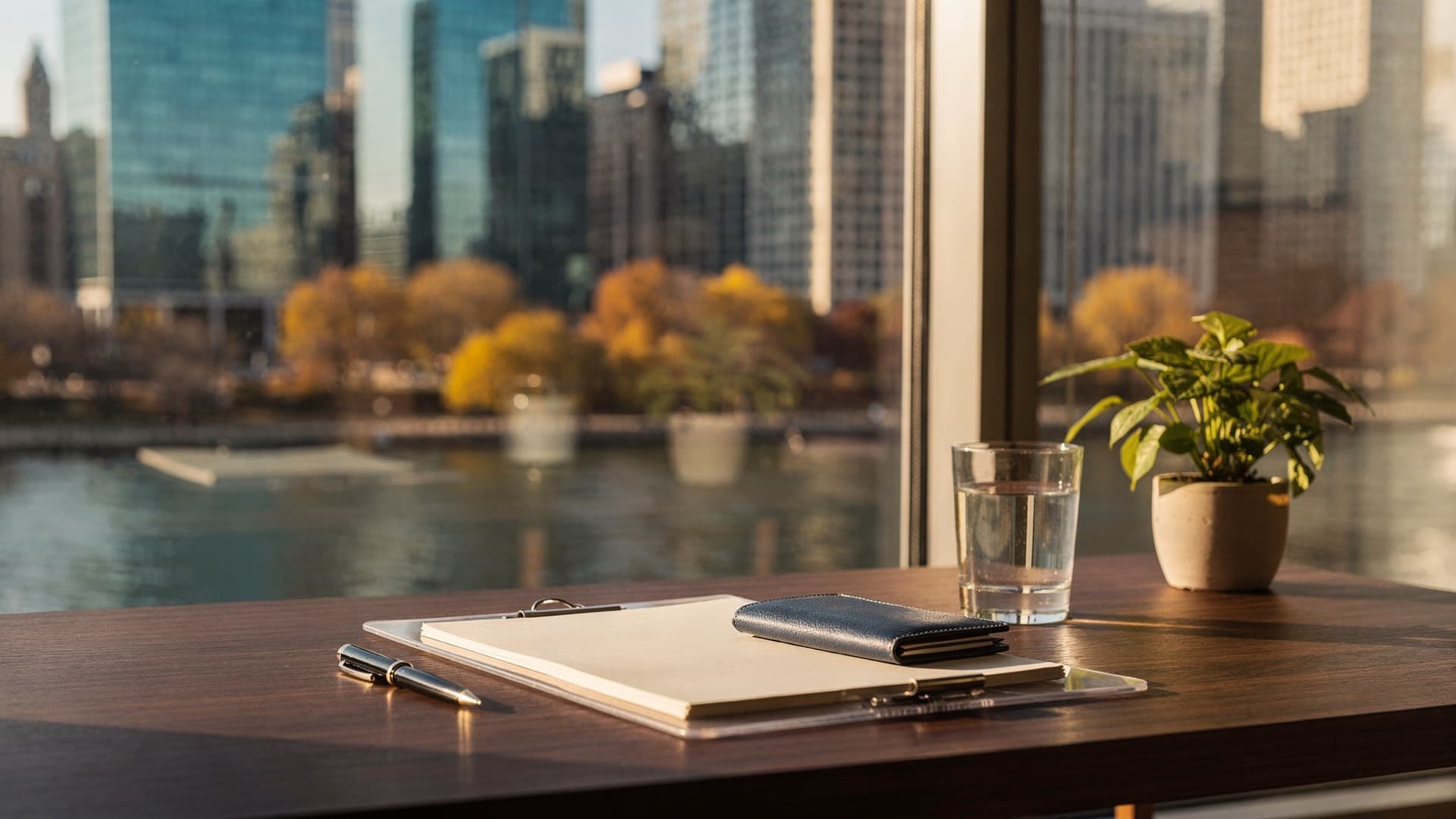 A clipboard of blank papers, a navy leather wallet, a pen, a glass of water and a small plant on a walnut desk by a window overlooking the Chicago river and skyline in autumn