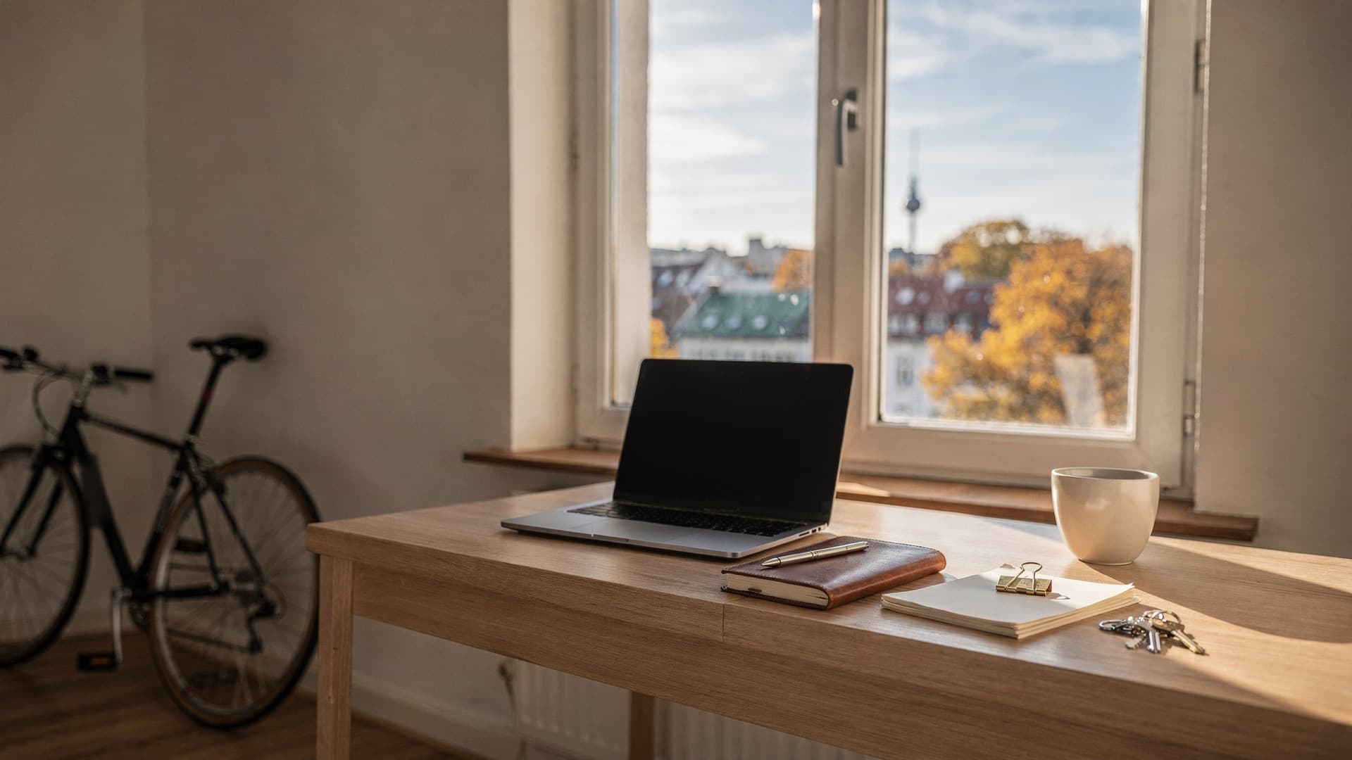 A laptop, a leather notebook with a pen, blank papers, a coffee cup and keys on an oak desk by an old window looking over Berlin rooftops and the TV tower in autumn, with a bicycle against the wall