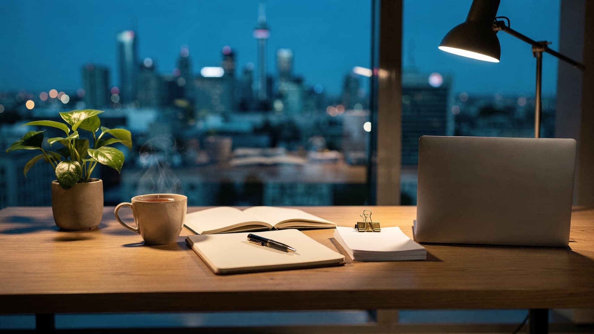 A study desk at dusk by a window overlooking Toronto and the CN Tower, with a blank open notebook, a closed silver laptop, a cup of tea, a desk lamp and a small plant
