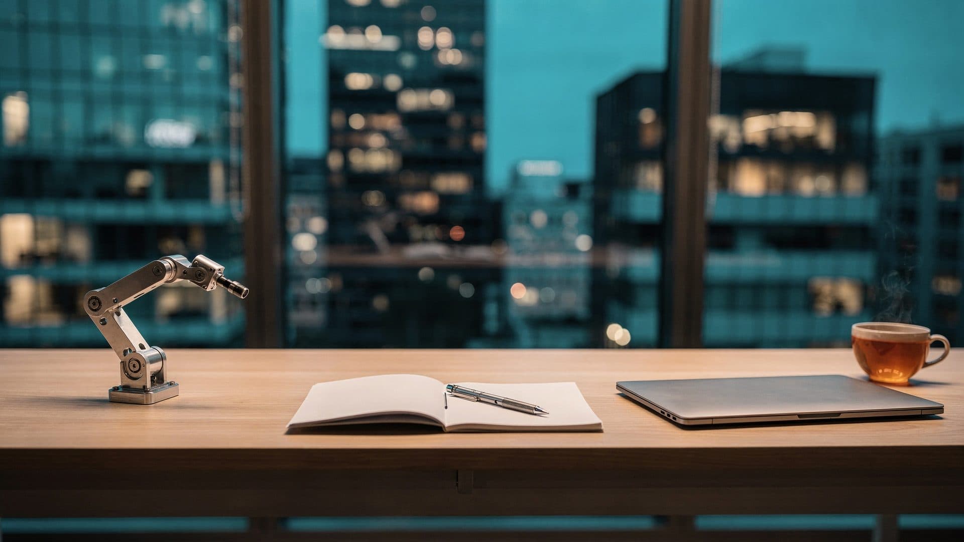An oak workbench in a high-rise engineering lab at dusk with a small aluminium robotic arm, an open blank notebook and pen, a closed laptop and a cup of tea, glass towers beyond the window