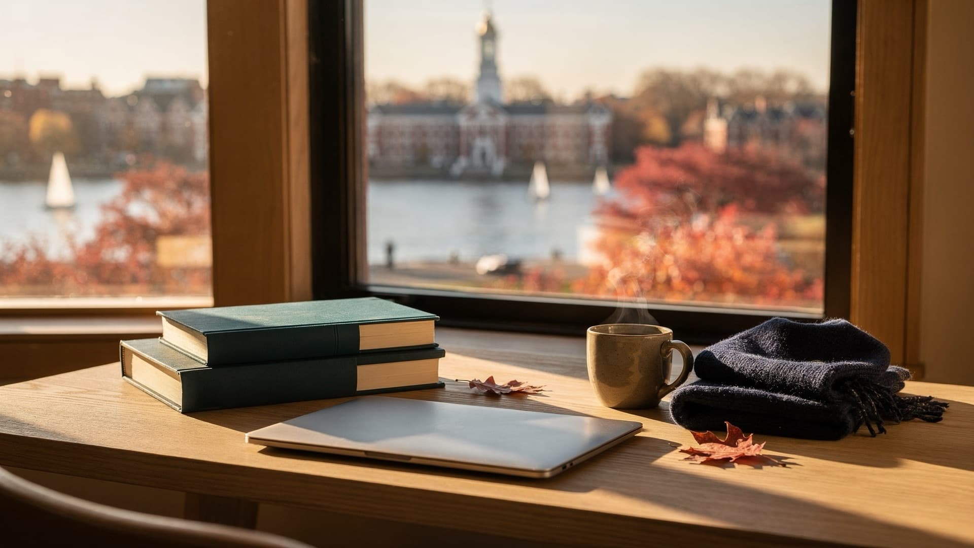 Teal hardback books, a closed laptop, a mug of coffee, a navy scarf and autumn leaves on an oak desk by a window overlooking the Charles River in Boston, with sailboats and red-brick buildings