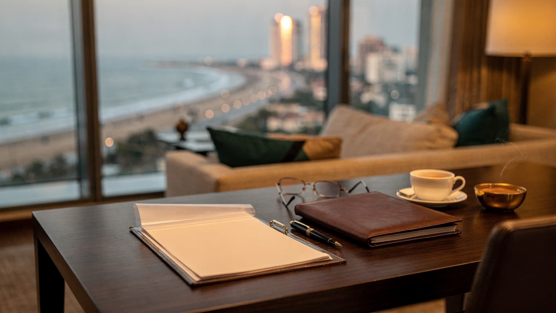 A leather folio, a clipboard of blank papers, a fountain pen, reading glasses and a cup of chai on a dark wooden table in a high-rise apartment overlooking Marine Drive in Mumbai at golden hour