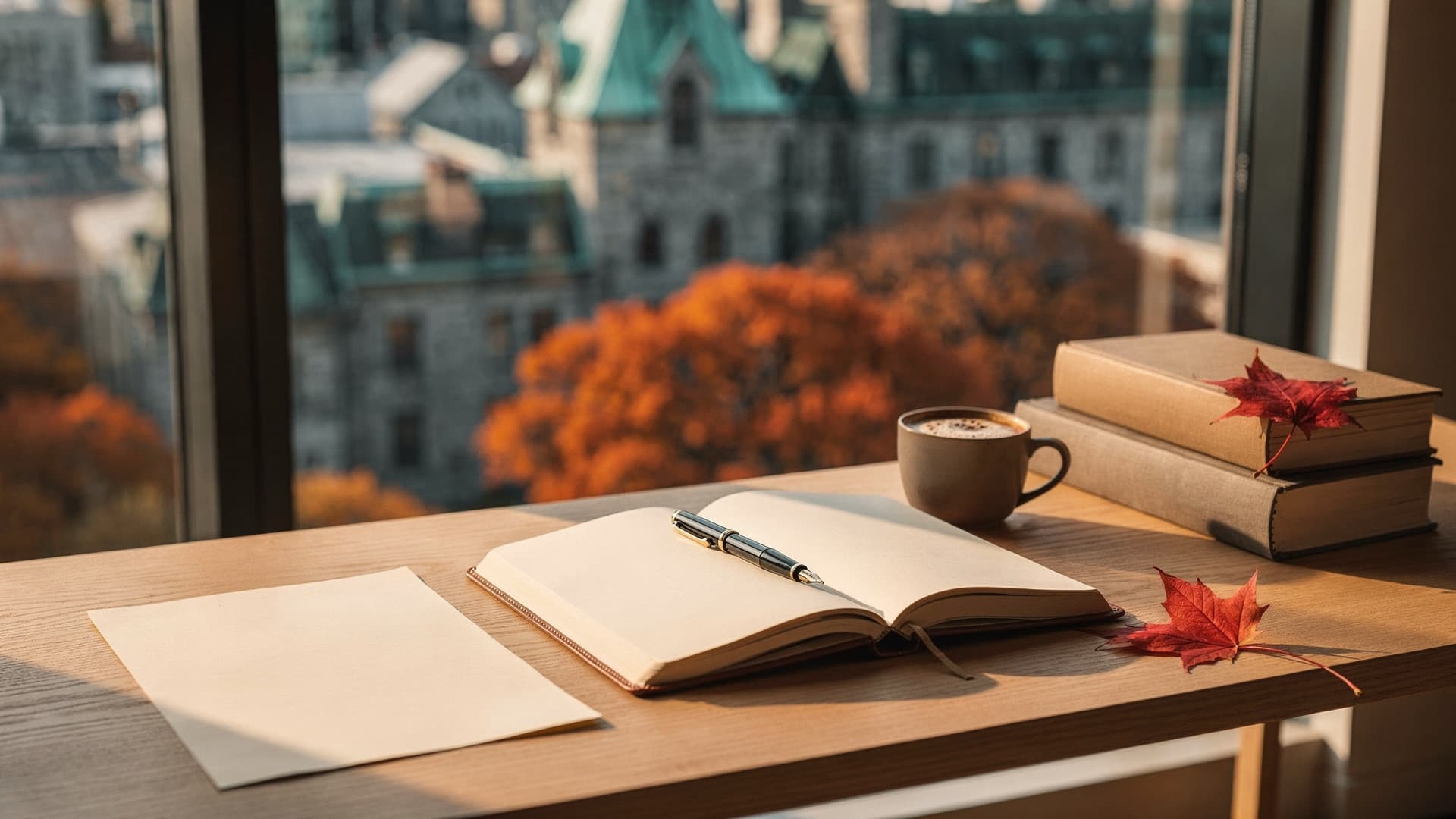 An open notebook with blank pages and a fountain pen, a blank sheet, a cup of coffee, plain books and red maple leaves on an oak desk by a window overlooking Montréal's copper-roofed stone buildings in autumn