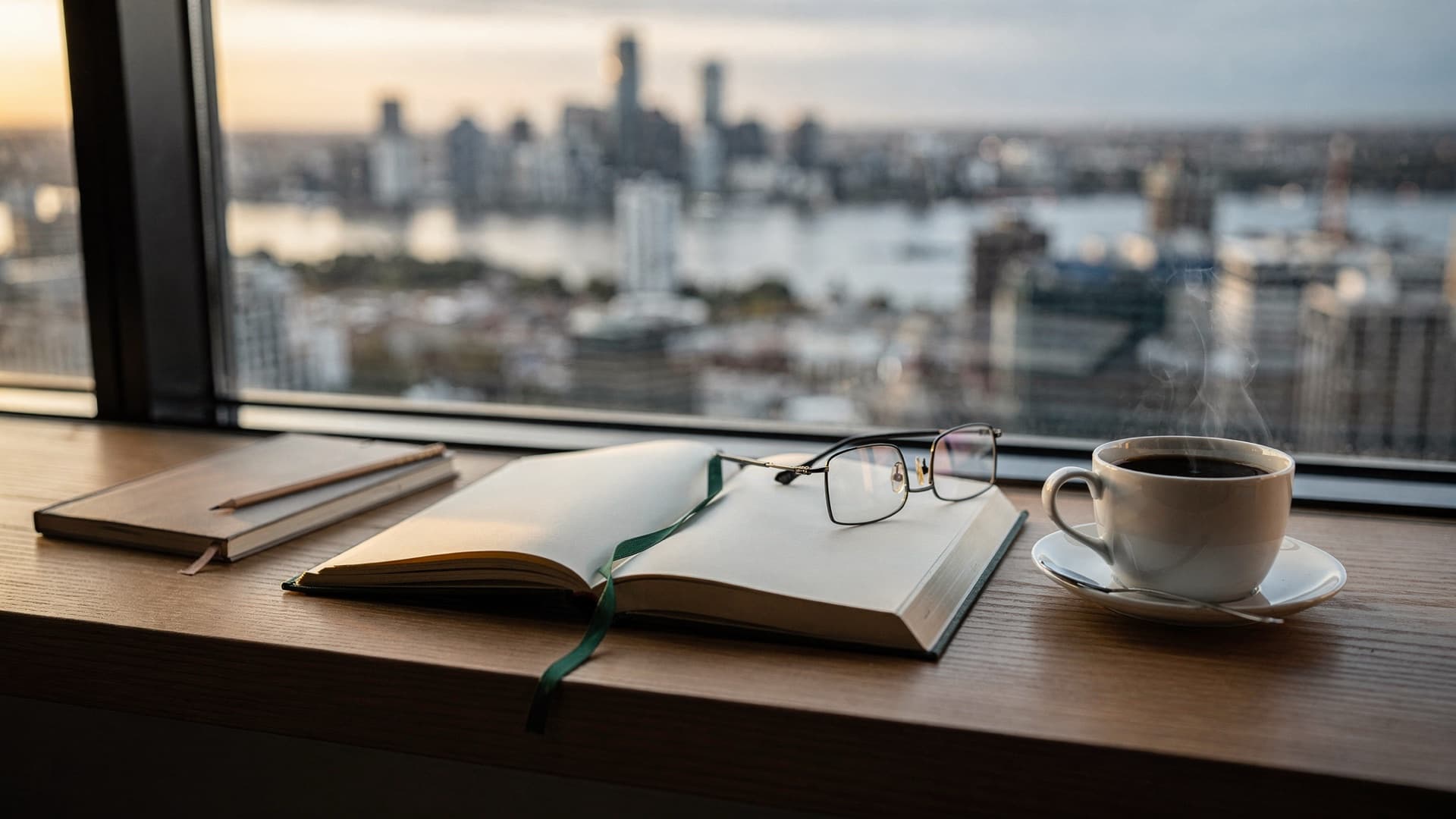 An open hardback book with blank pages and a green ribbon bookmark, reading glasses resting on it, a cup of black coffee and a closed notebook on a window ledge overlooking Melbourne and the Yarra River in early light