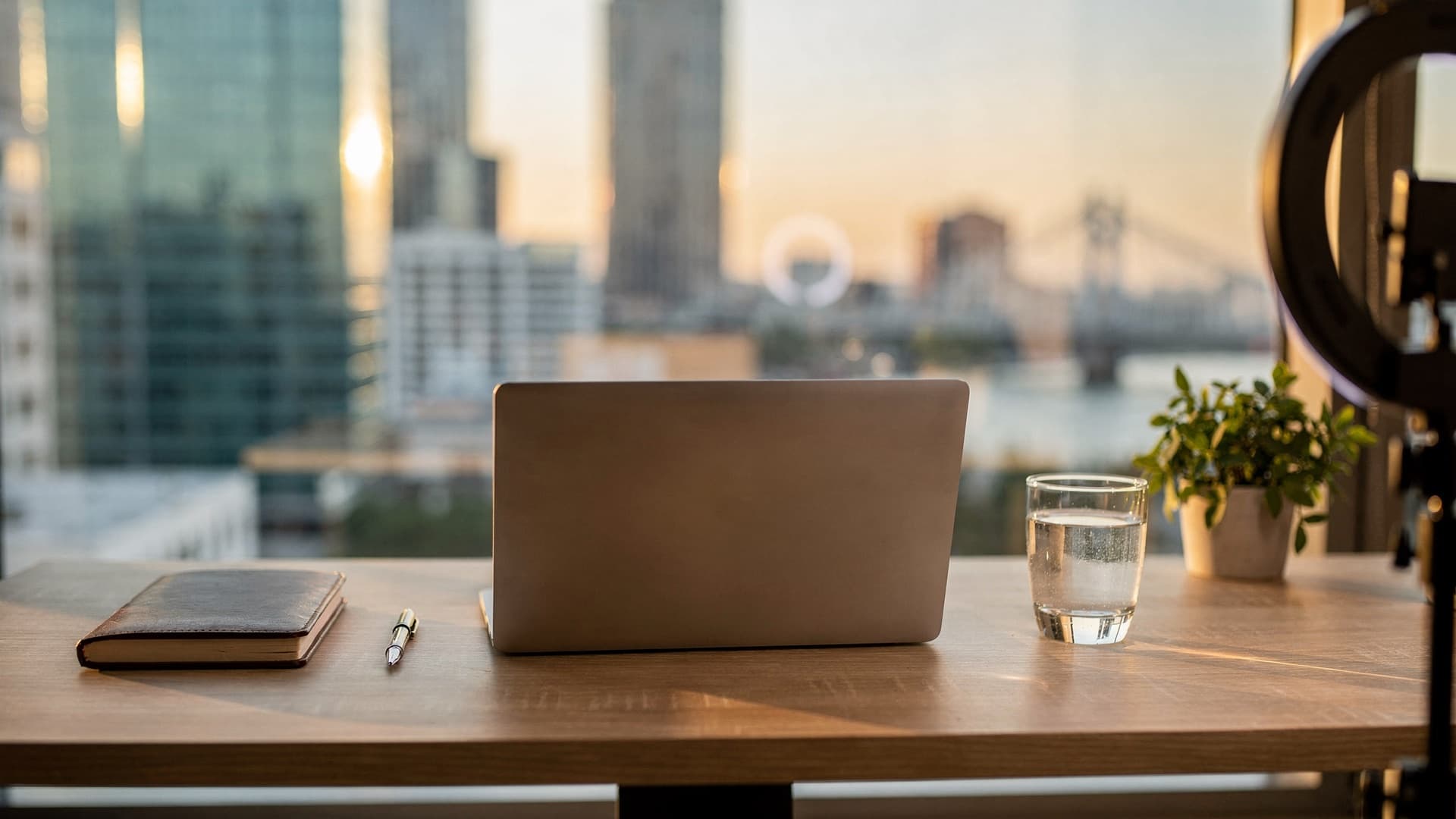 A closed silver laptop, a leather notebook and pen, a glass of water and a small plant on an oak desk by a tall window overlooking a city skyline and river bridge at golden hour