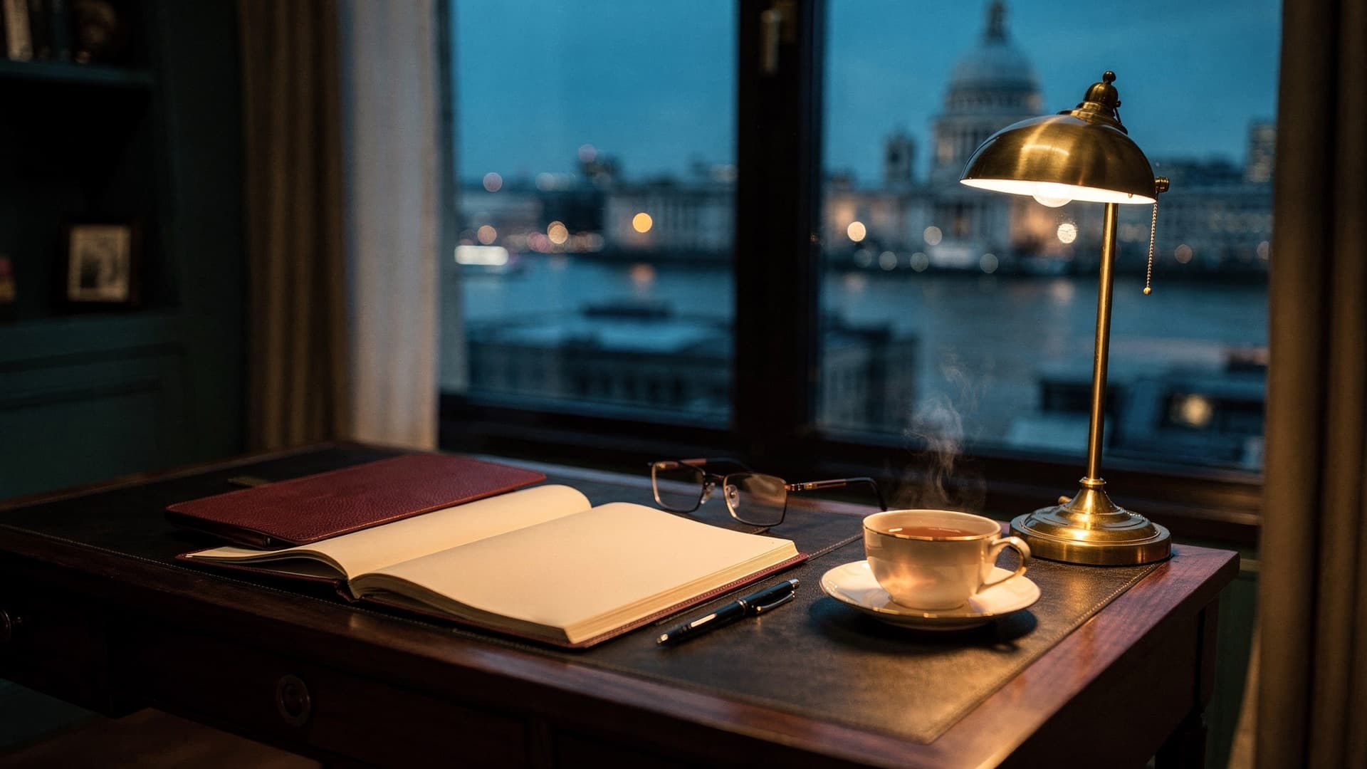 An open blank notebook, a burgundy leather folder, reading glasses, a pen and a cup of tea under a brass lamp on a walnut desk by a window overlooking the Thames and St Paul’s Cathedral at dusk