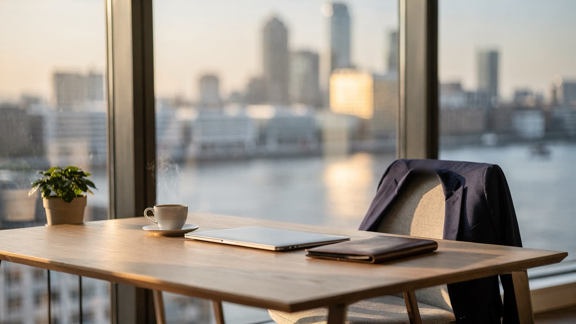 A bright desk by a tall window overlooking the River Thames and Canary Wharf at sunrise, with a closed silver laptop, a leather folder, a cup of coffee, a small plant and a navy blazer over the chair