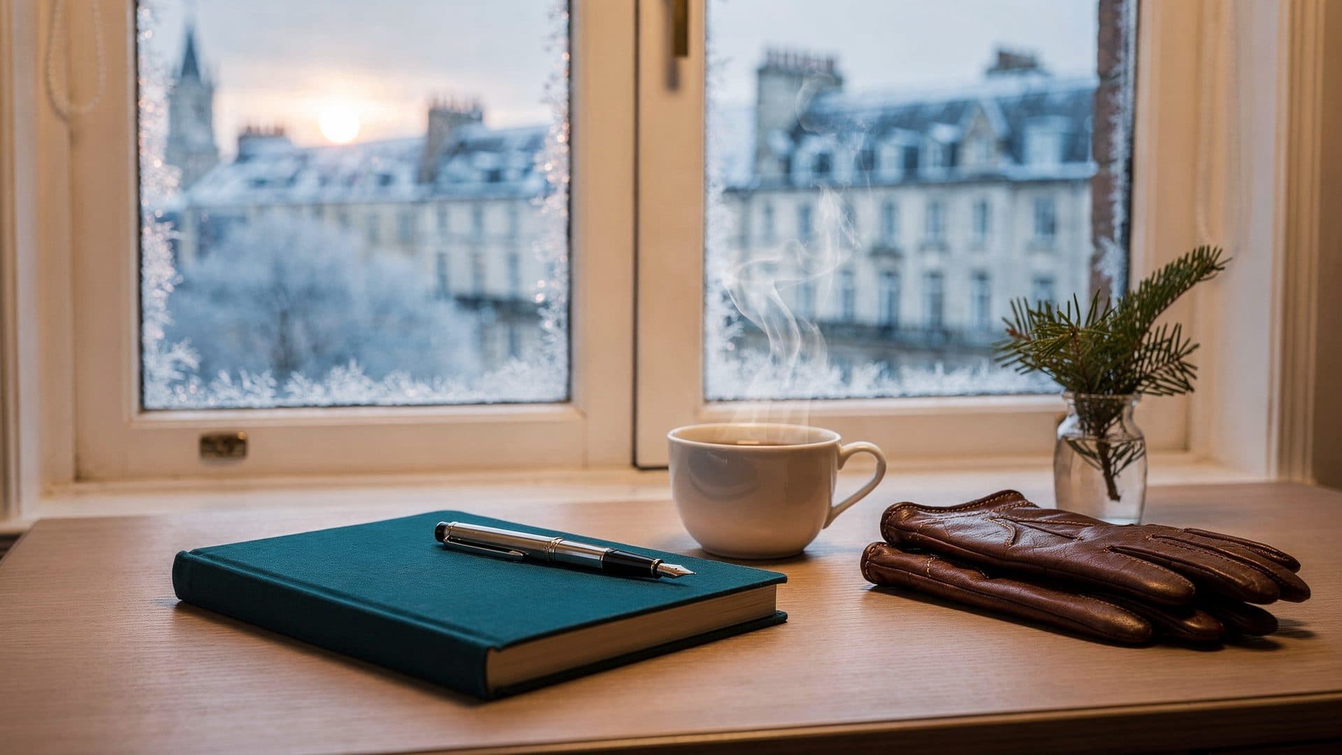 A study corner by a frosted window on a January morning, with a teal notebook and fountain pen, a steaming cup of tea, leather gloves and an evergreen sprig, snow-dusted stone buildings beyond