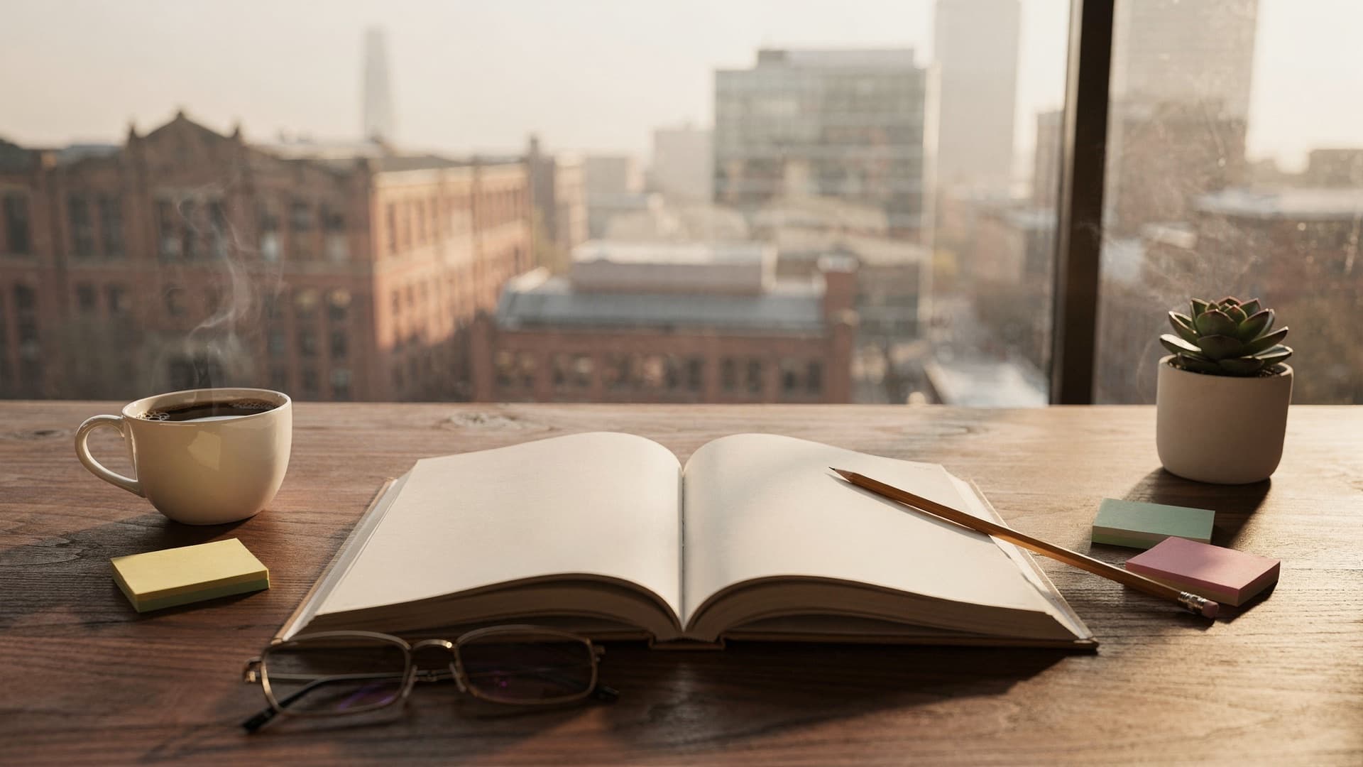 An open blank book with a pencil, reading glasses, pastel sticky notes, a cup of coffee and a small succulent on a wooden desk by a window overlooking Manchester’s red-brick mills in morning light
