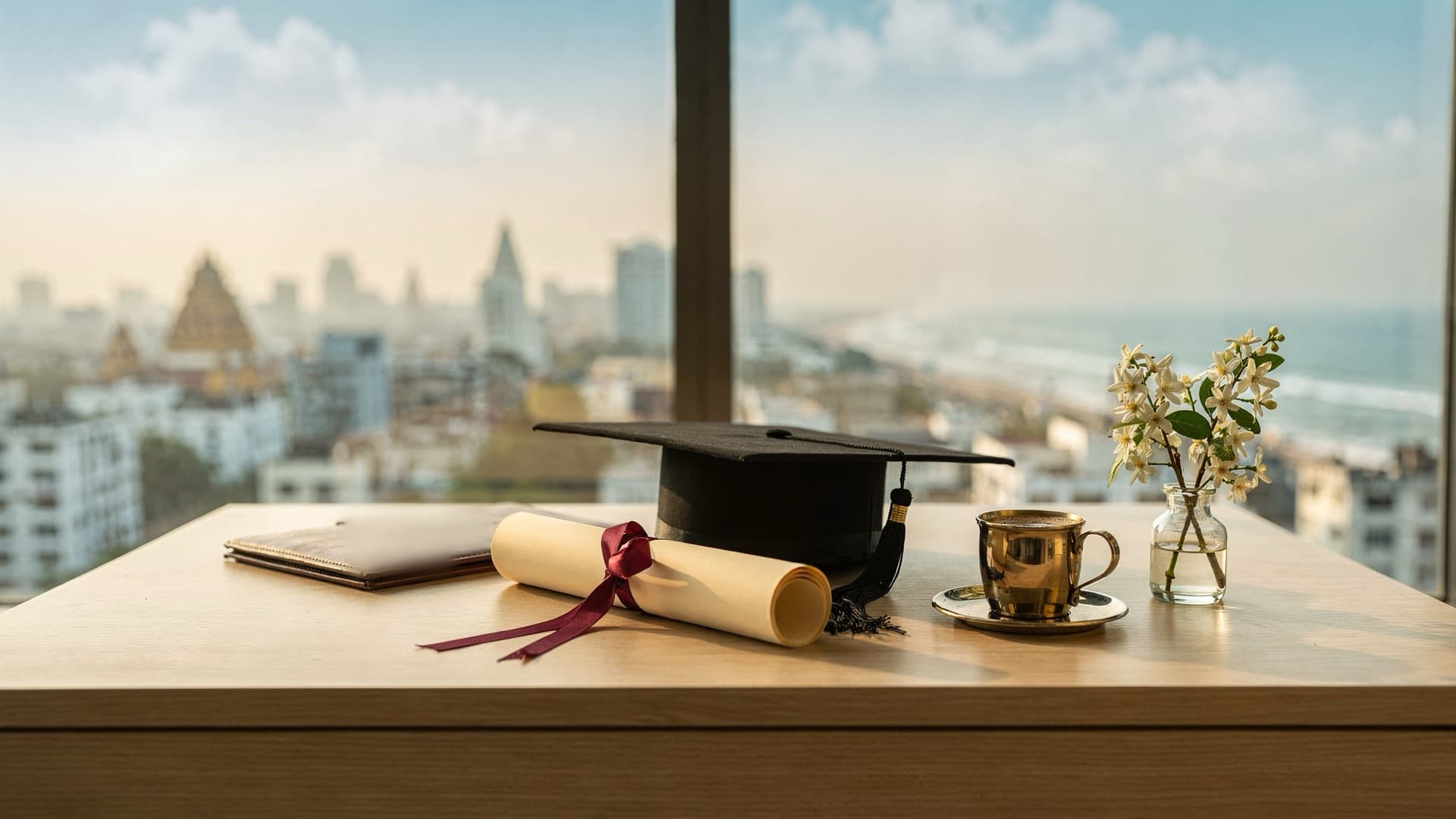 A rolled degree scroll tied with a maroon ribbon, a black graduation cap, a brass cup of filter coffee and a sprig of jasmine on a desk by a window overlooking Chennai, a temple tower and the sea in morning light