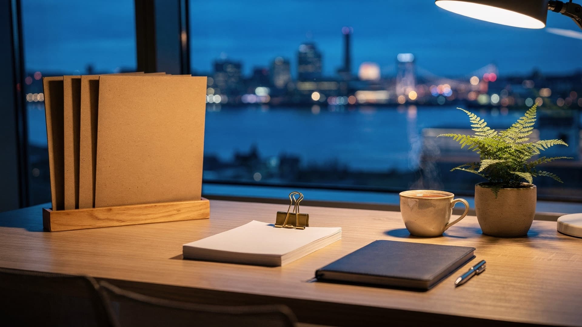 Plain kraft document folders in a wooden holder, a clipped stack of blank paper, a navy notebook, a pen, a cup of tea and a fern on a desk by a window overlooking Glasgow and the River Clyde at dusk