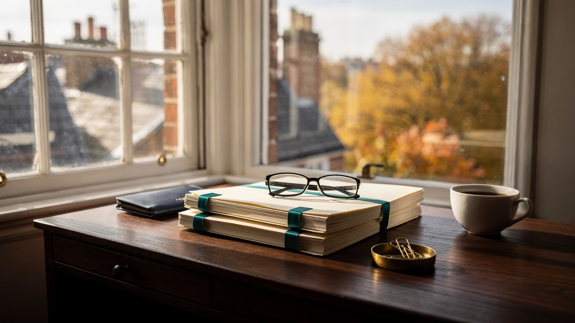 Two stacks of cream document folders tied with teal ribbon, reading glasses, a navy leather travel wallet and a cup of coffee on a walnut desk by a Georgian sash window overlooking London rooftops in autumn