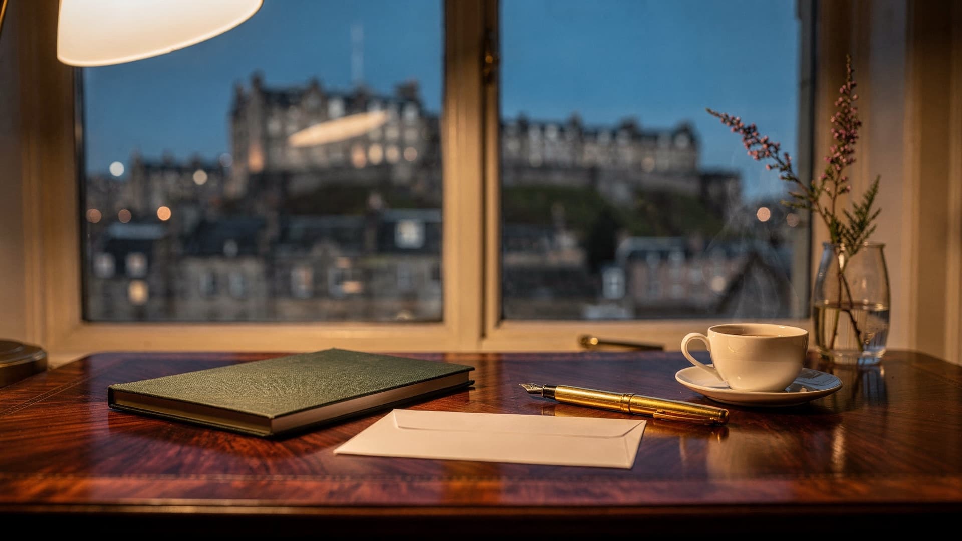 A plain sealed white envelope beside a green notebook, a gold fountain pen and a cup of tea on a polished desk by a window overlooking Edinburgh Castle at dusk